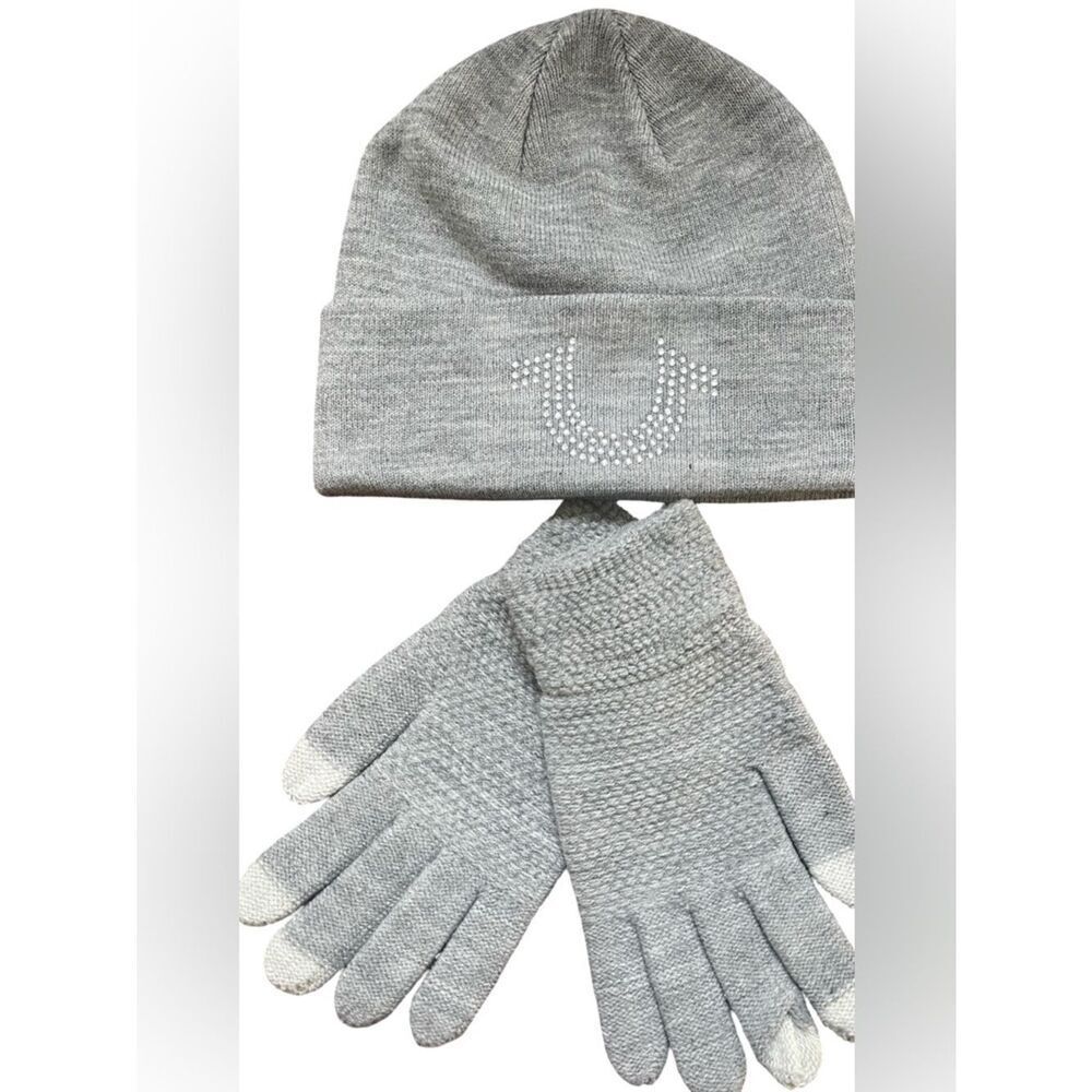 True Religion Gray Knit Beanie and matching gloves